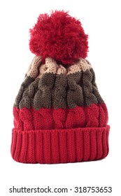 Red Knit Hat Isolated On White Background.