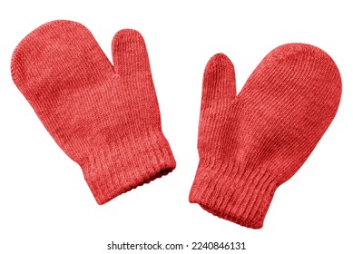 Red knitted mittens close-up on a white background. Isolated