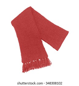 Red Knitted Scarf Isolated On White Background.