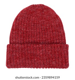 Red knitted winter bobble hat of traditional design isolated on white background