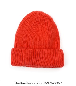 Red Knitted Wool Beanie Hat Isolated On White