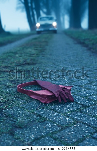 Red ladies gloves and\
handbag on country road during foggy dusk with classic car in the\
background