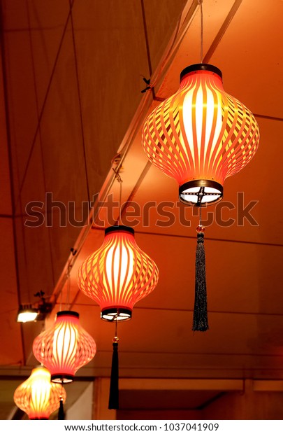 Red Lanterns Hang On Ceiling Royalty Free Stock Image