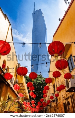 Red lanterns in the streets, the Merdeka Tower in the background, red lanterns, Chinese New Year decorations, a sea of red lanterns in Kuala Lumpur. Malaysia, Kuala Lumpur, February 9, 2024