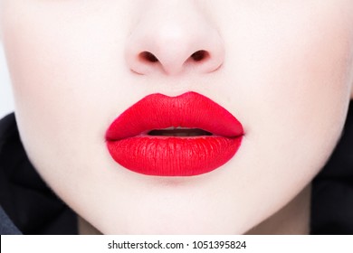 Red large female sensual lips. Close-up