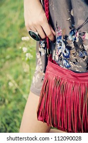 Red Leather Bag With Fringe Tassels