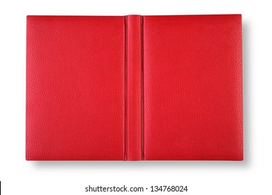 Red leather book cover on white with shadow.