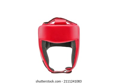 red leather boxing helmet close-up. is isolated on a white background. head protection. sports equipment - Powered by Shutterstock