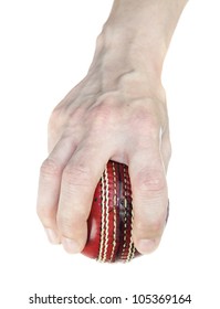 Red Leather Cricket Ball In Hand On White Background