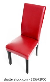 Red Leather Dining Chair With Wooden Legs, Isolated On White Background