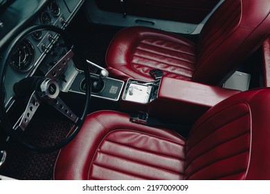 Red Leather Interior Of Classic Car