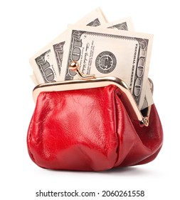 Red leather purse and paper dollars isolated on white background
