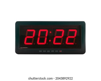 Red Led Light Numbers 2022 Illuminated On Black Digital Electric Alarm Clock Display Isolated On White Background, Led Sign Showing Time Symbol Concept For New Year Countdown