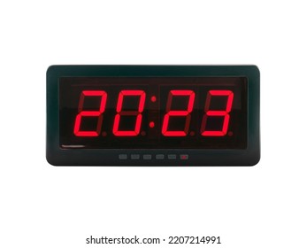 Red Led Light Numbers 2023 Illuminated On Black Digital Electric Alarm Clock Display Isolated On White Background, Led Sign Showing Time Symbol Concept For New Year Countdown