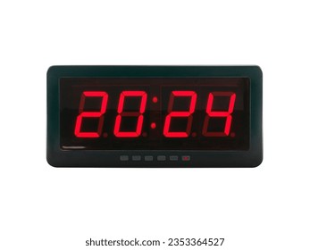 red led light numbers 2024 illuminated on black digital electric alarm clock face isolated on white background, led sign showing time symbol concept for new year countdown - Powered by Shutterstock