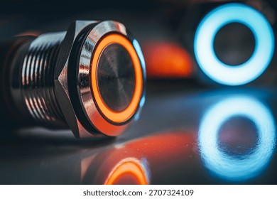 Red LED Metal Push Button With Reflection on Glossy Surface