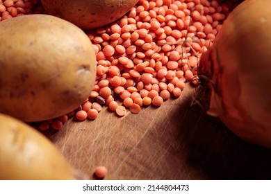 Red Lentil And Other Ingredients For A Vegetarian Lentil Stew.