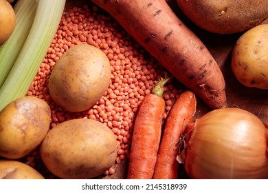 Red Lentil And Other Ingredients For A Vegetarian Lentil Stew.