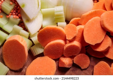 Red Lentil, Sliced Potatoes And Other Ingredients For A Vegetarian Lentil Stew.