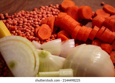 Red Lentil, Sliced Potatoes And Other Ingredients For A Vegetarian Lentil Stew.