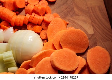 Red Lentil, Sliced Potatoes And Other Ingredients For A Vegetarian Lentil Stew.