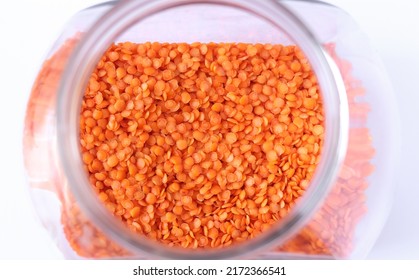 Red Lentils In A Glass Jar.