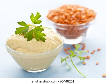 Red Lentils And Lentil Hummus In Bowls