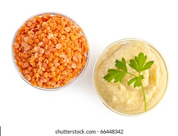 Red Lentils And Lentil Hummus In Bowls From Above