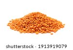 Red lentils pile isolated. Dry orange lentil grains, heap of dal, raw daal, dhal, masoor, Lens culinaris or Lens esculenta on white background