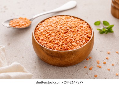 Red lentils raw in a bowl ready to be cooked, healthy vegan protein source