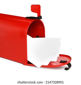 Red Letter Box With Envelopes On White Background