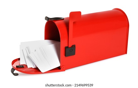 Red Letter Box With Envelopes On White Background