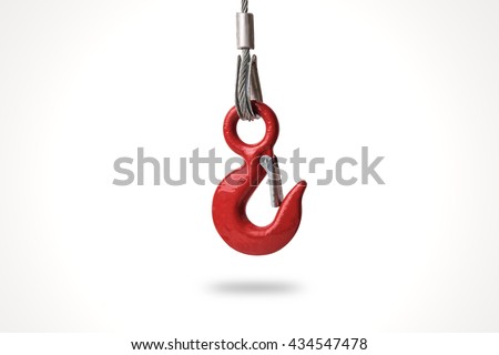 Red lifting crane hook isolated on white background.