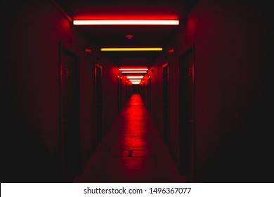Red light corridor scary concept horror scenery fear concept  - Shutterstock ID 1496367077