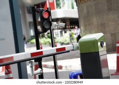 Red Light On A Traffic Light With A Barricade