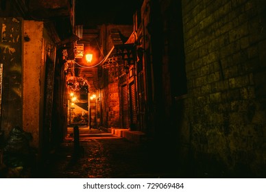 Red Lighted Alleyway In Old Muizz Street In Cairo, Egypt