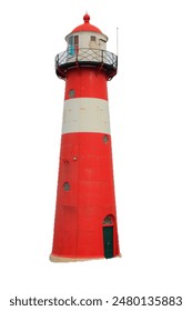 a red lighthouse with blue sky in the background