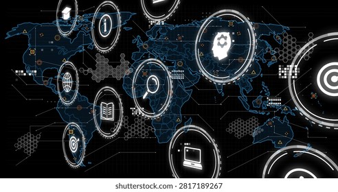 Red lightning sparking glowing data icons emerging over world map, pulsing, forming analytics hub. Neon, dashboard, interface, network, hexgrid, nodes, glyphs