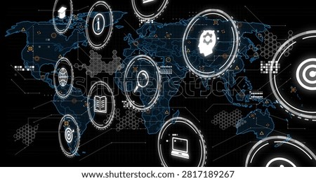 Red lightning sparking glowing data icons emerging over world map, pulsing, forming analytics hub. Neon, dashboard, interface, network, hexgrid, nodes, glyphs