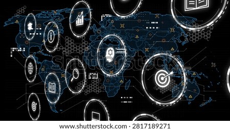 Red lightning sparking glowing data icons emerging over world map, pulsing, forming analytics hub. Neon, dashboard, interface, network, hexgrid, nodes, glyphs