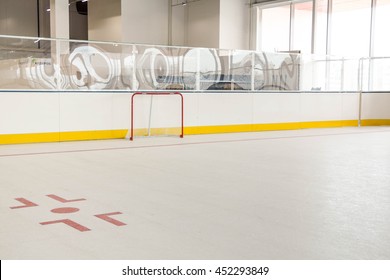 Red Line On Hockey Rink. Face Off Circle. Modern Empty Rink. Hockey Goal. Front View From Ice