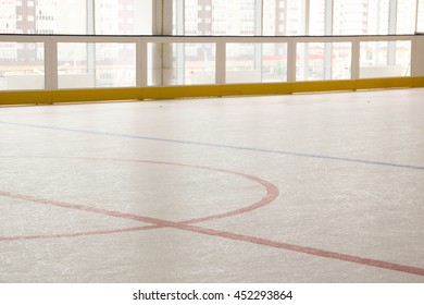 Red Line On Hockey Rink. Face Off Circle. Modern Empty Rink. Front View From Ice