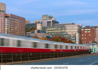 Red Line Subway Train In Motion Blur In Boston