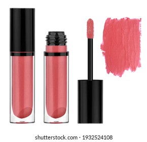 Red lip gloss with metallic glitter particles, glass container with black lid, brush and smeared samples, isolated on white background, clipping path