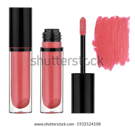 Red lip gloss with metallic glitter particles, glass container with black lid, brush and smeared samples, isolated on white background, clipping path