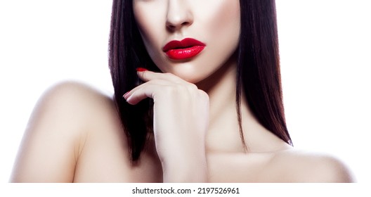 Red Lips. Beauty Woman Lips, Beauty Face Of Young Woman, Bright Lipstick Mouth, Perfct Clean Skin