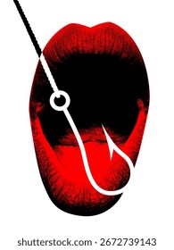 Red lips caught on hook in bold pop art collage. Concept of manipulation, toxic attraction, emotional control, addictive design, and social influence with strong provocative mood.