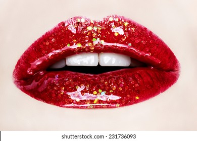 Red lips close up, macro photography