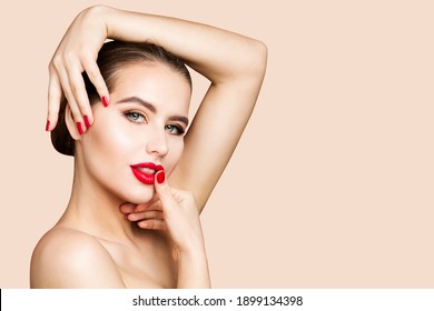 Red Lips And Nails, Woman Beauty Make Up, Red Lipstick. Skin Care Cosmetology. Beautiful Girl Face Makeup