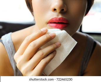 Red Lips Woman Wiping Her Mouth With Food Particles Caught On The Lips,red Lips,girl Take Clean On Her Lips With White Tissue, Asian Girl Using Tissue Wipe Her Mouth,girl Use Napkin,white Tissue